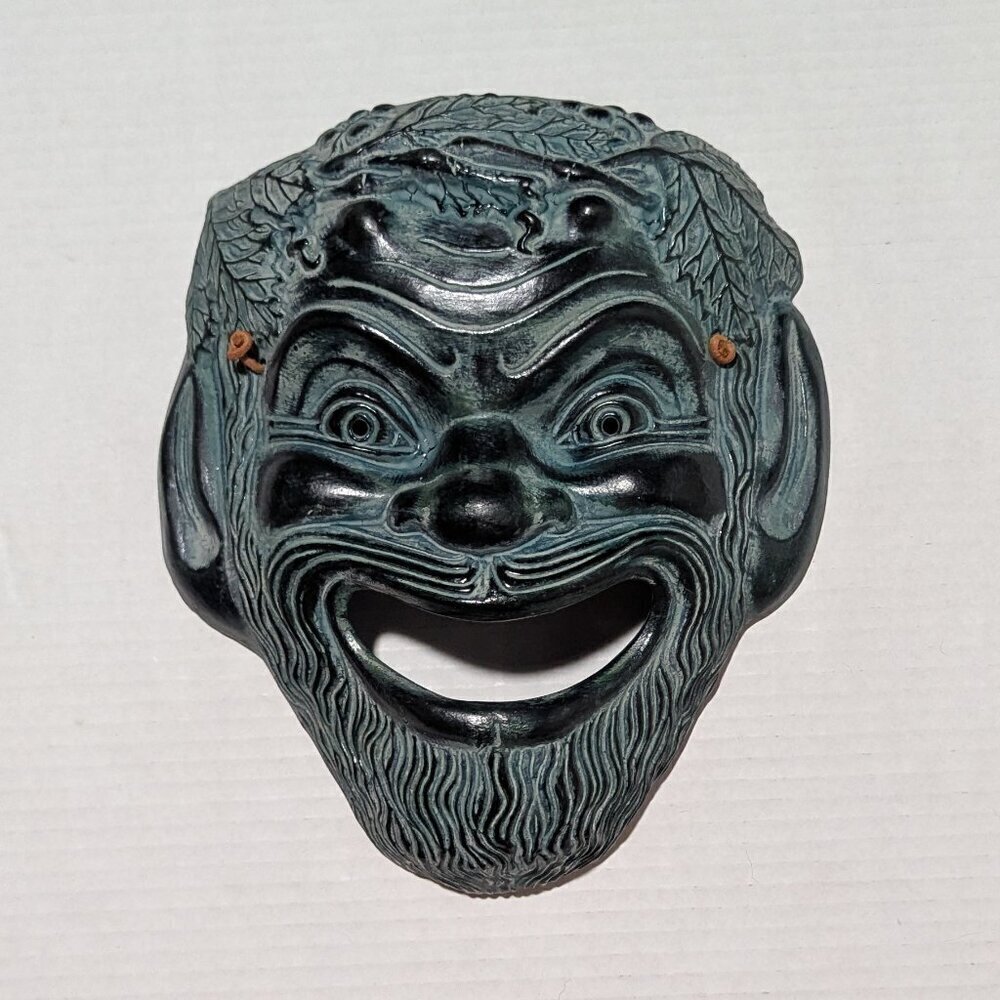Greek Theatre Mask Satyros Comedy Ceramic Wall Decor Green Glazed